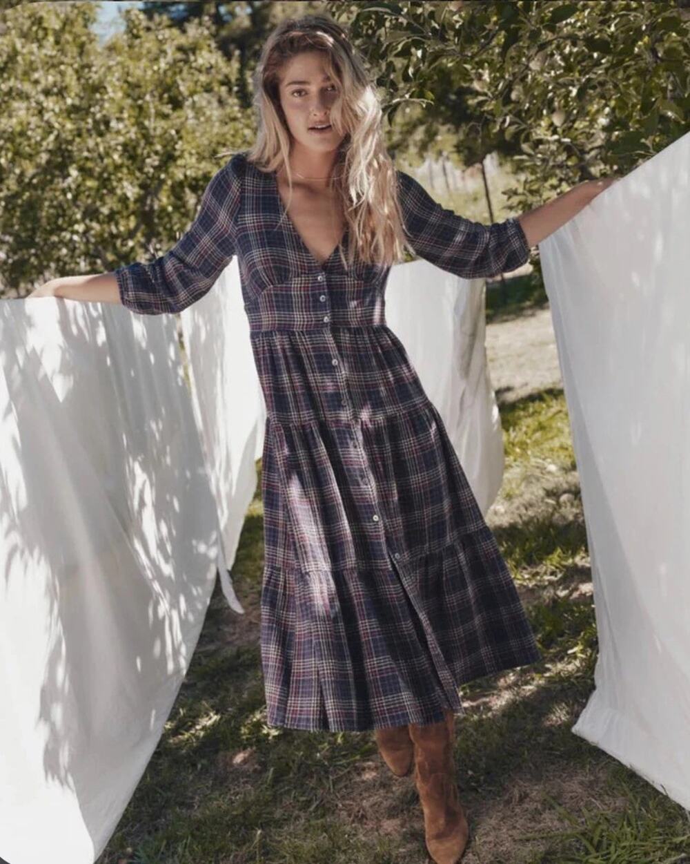 MARINE LAYER Dress Maeve Midi Blue Plaid Cottagecore Boho Y2K Fall S A011051